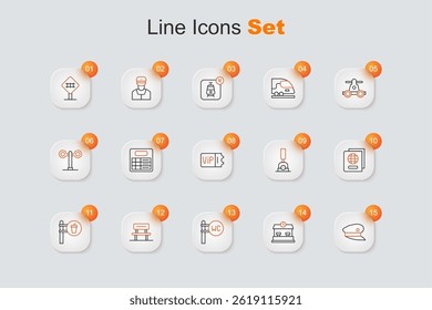 Set line Train driver hat, Railway station, Toilet, Waiting hall, Cafe and restaurant location, Passport, Arrow for switching the railway and ticket icon. Vector