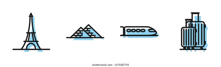 Set line Train, Eiffel tower, Egypt pyramids and Suitcase for travel icon. Vector
