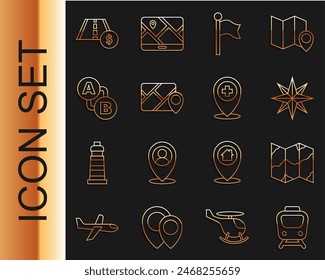 Set line Train, Folded map, Wind rose, Location marker, Infographic of city navigation, Route location, Toll road traffic sign and with cross hospital icon. Vector