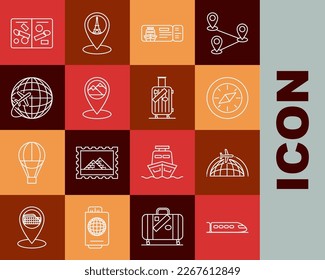 Set line Train, Globe with flying plane, Compass, Cruise ticket for traveling by ship, Map pointer mountain, Passport pages visa stamps and Suitcase and stickers icon. Vector