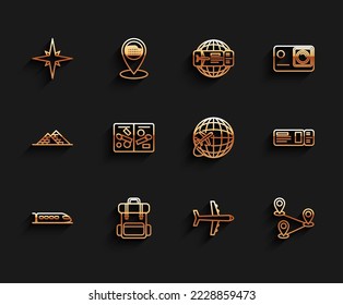 Set line Train, Hiking backpack, Wind rose, Plane, Route location, Passport pages with visa stamps, Travel ticket and Globe flying plane icon. Vector