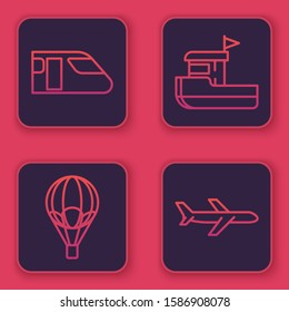 Set line Train, Hot air balloon, Fishing boat and Plane. Blue square button. Vector