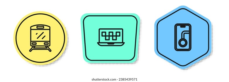 Set line Train, Laptop call taxi service and City map navigation. Colored shapes. Vector