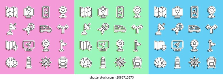 Linienzug, Ortsmarkierung, Straßenverkehrszeichen, Stadtplan-Navigation, Infografik von Stadt, Radar, geflochtenes und Hochgeschwindigkeitszug-Symbol. Vektorgrafik