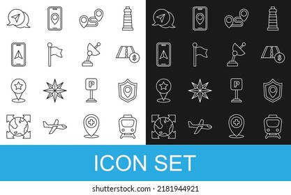 Set line Train, Location shield, Toll road traffic sign, Route location, marker, City map navigation, Infographic of city and Radar icon. Vector