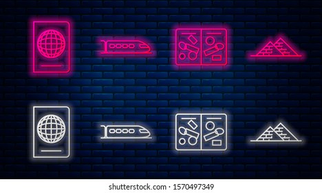 Set line Train, Passport pages with visa stamps, Passport with biometric data and Egypt pyramids. Glowing neon icon on brick wall. Vector