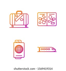 Set line Train, Passport with ticket, Suitcase for travel and stickers and Passport pages with visa stamps. Gradient color icons. Vector