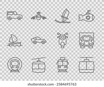 Set line Train and railway, Cable car, Windsurfing, Car, Tram and Delivery cargo truck icon. Vector