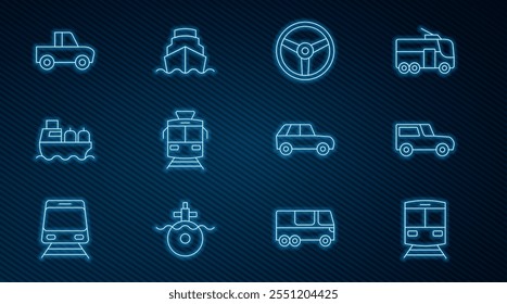 Fije la línea Tren y ferrocarril, coche, volante, tranvía, barco petrolero, camioneta, e icono de crucero. Vector