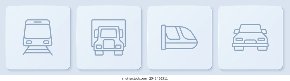 Fije la línea Tren y ferrocarril, camión de la carga de la entrega y coche. Botón cuadrado blanco. Vector