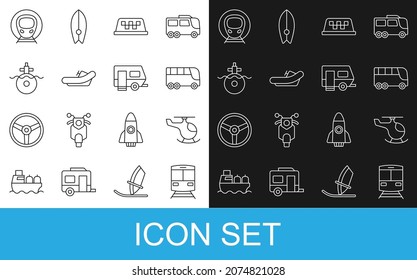 Set line Train and railway, Helicopter, Bus, Taxi car roof, Rafting boat, Submarine,  and Rv Camping trailer icon. Vector