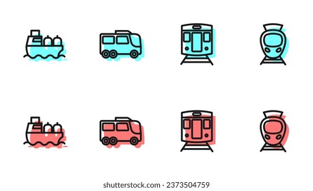 Set line Train and railway, Oil tanker ship, Bus and Tram icon. Vector
