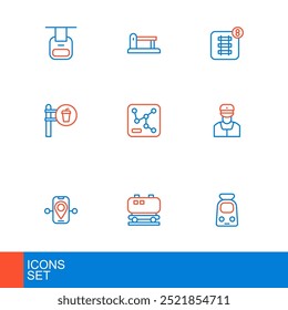 Tren y ferrocarril, Cisterna de petróleo, Ubicación de la ruta, conductor, Cafetería restaurante, Mapa del ferrocarril, Reserva de boletos en línea y ferrocarril, icono de la pista del ferrocarril. Vector