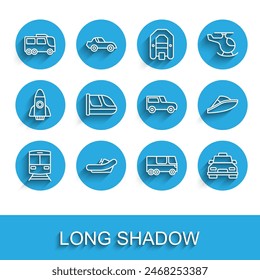 Set Linie Zug und Bahn, Rafting Boot, Bus, Taxi Auto, Speedboat und Auto-Symbol. Vektorgrafik