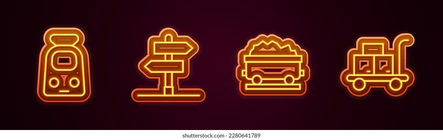 Set line Train and railway, Road traffic sign, Coal train wagon and Trolley suitcase. Glowing neon icon. Vector
