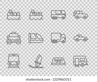 Set line Train and railway, Rv Camping trailer, Bus, Windsurfing, Oil tanker ship, Taxi car roof and Car icon. Vector