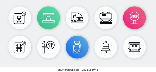 Tren y ferrocarril, señal de parada, reserva de boletos en línea, campana de la estación, cisterna de aceite, tren de alta velocidad, coches de pasajeros y el icono de ubicación del restaurante Café. Vector