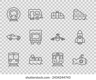 Set line Train and railway, Submarine, Tram, Oil tanker ship, Delivery cargo truck,  and Rocket icon. Vector