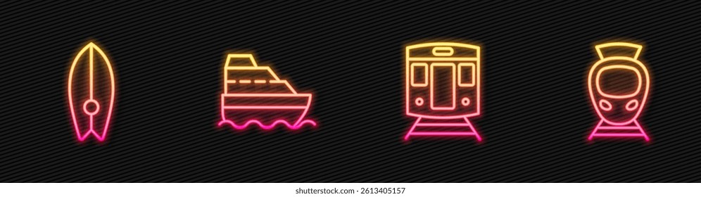 Set line Train and railway, Surfboard, Cruise ship and Tram. Glowing neon icon. Vector
