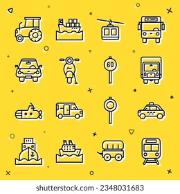 Set line Train and railway, Taxi car, Delivery cargo truck, Cable, Scooter, Car, Tractor and Speed limit traffic icon. Vector