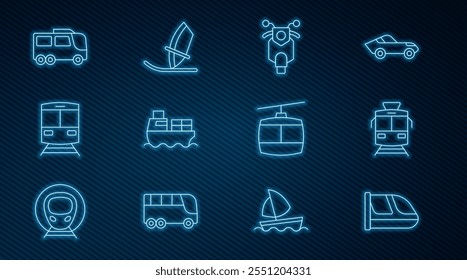 Set línea de tren y ferrocarril, tranvía, scooter, barco de carga con cajas de entrega, autobús, teleférico y Windsurf icono. Vector