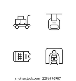 Set line Train in railway tunnel, ticket, Trolley suitcase and Cable car icon. Vector