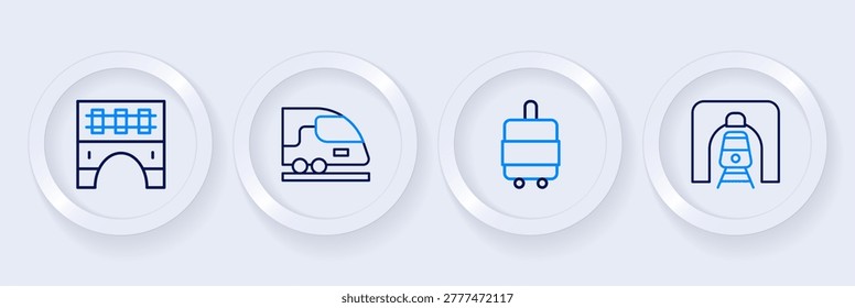 Set line Train in railway tunnel, Suitcase, High-speed train and Bridge for icon. Vector