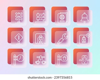 Set line Train station bell, Handcar transportation, Wrench spanner, Cafe restaurant location, railway tunnel, Passport, Railroad crossing and End of tracks icon. Vector
