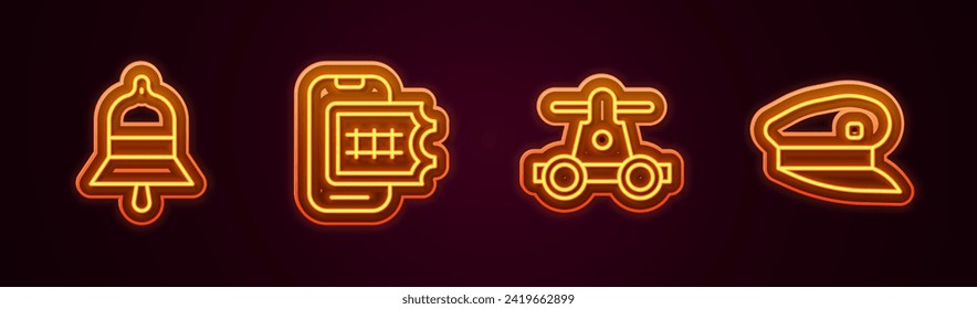 Set line Train station bell, Online ticket booking, Handcar transportation and driver hat. Glowing neon icon. Vector