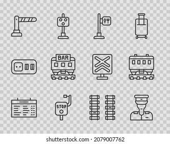 Set line Train station board, conductor, Cafe and restaurant location, Emergency brake, Railway barrier, Restaurant train, Railway, railroad track and Passenger cars icon. Vector