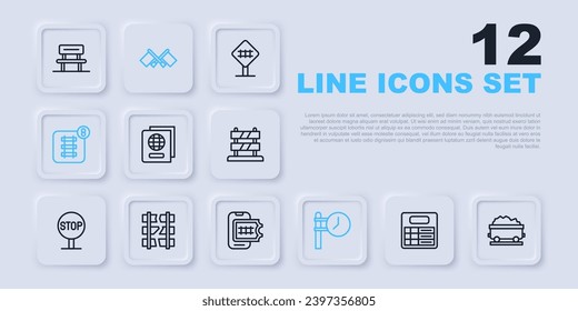 Set line Train station board, Coal train wagon, Passport, clock, Online ticket booking, Broken cracked railway, Flag and  icon. Vector
