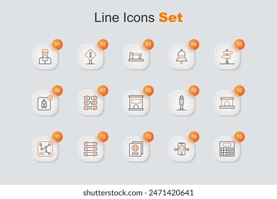 Set line Train station board, Route location, Passport, Railway barrier, map, tunnel, traffic light and Ticket office to buy tickets icon. Vector