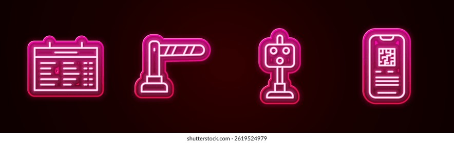Set line Train station board, Railway barrier, traffic light and E-ticket train. Glowing neon icon. Vector