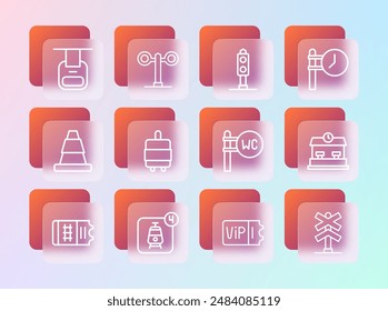 Set line Train station clock, Online ticket booking, Toilet, Suitcase, traffic light, Cable car and  icon. Vector