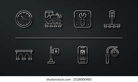 Fije el reloj de la estación de tren, el puente para el tren, el semáforo, el billete electrónico, la señal de tráfico, la locomotora de Antiguas y la reparación del icono del ferrocarril. Vector