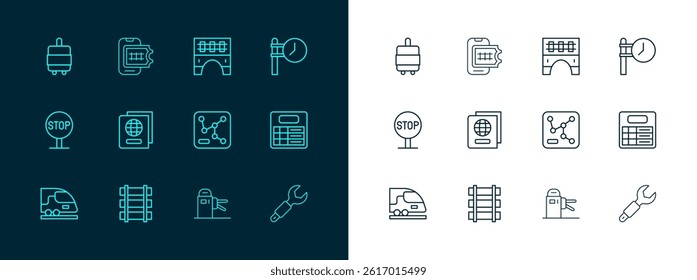 Set line Train station clock, Railway, railroad track, map, Turnstile, Passport, Bridge for train, Suitcase and Online ticket booking icon. Vector