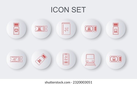 Set line Train ticket, Airline, Cover book travel guide, Bus, Museum,  and Mobile with icon. Vector