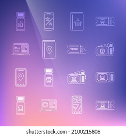 Set line Train ticket, Bus, Cover book travel guide, Online hotel booking, Airline and Ticket icon. Vector