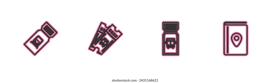 Set line Train ticket, Bus,  and Cover book travel guide icon. Vector