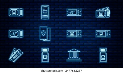 Set line Train ticket, Bus, Airline, Cover book travel guide, Museum and Online hotel booking icon. Vector