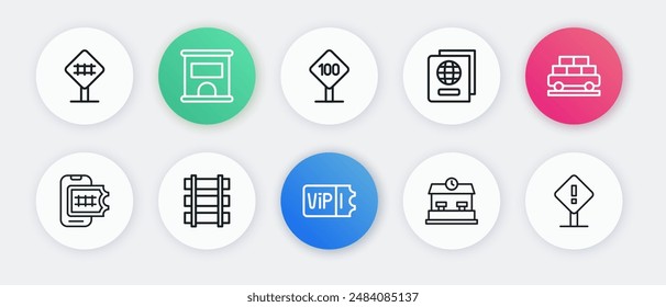 Ticket de tren, vagón de tren de carga, reservación en línea, estación de tren, pasaporte, señal de tráfico de límite de velocidad 100 km, signo de exclamación cuadrado y ferrocarril, ícono de pista de ferrocarril. Vector