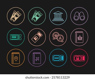 Set line Train ticket, Cover book travel guide, Museum building, Ticket, Translator and  icon. Vector