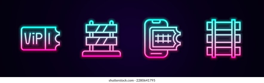 Set line Train ticket, End of railway tracks, Online booking and Railway, railroad. Glowing neon icon. Vector