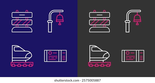 Set line Train ticket, High-speed train, station bell and End of railway tracks icon. Vector