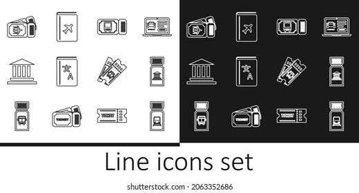 Set line Train ticket, Museum, Bus, Translator book, building, Airline,  and Cover travel guide icon. Vector