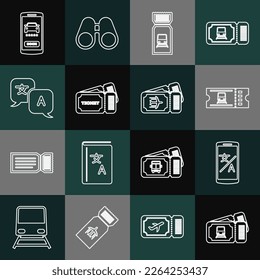 Set line Train ticket, Online translator, Ticket, Translator, car sharing and Airline icon. Vector
