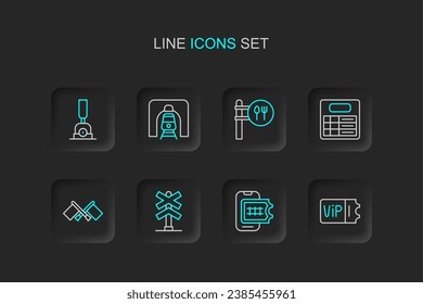 Set line Train ticket, Online booking, Railroad crossing, Flag, station board, Cafe and restaurant location, railway tunnel and Arrow for switching the icon. Vector