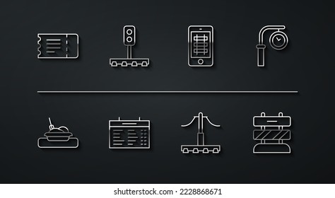 Set line Train ticket, Plate with food, station clock, Railway, board, traffic light, End of railway tracks and Buy train online icon. Vector