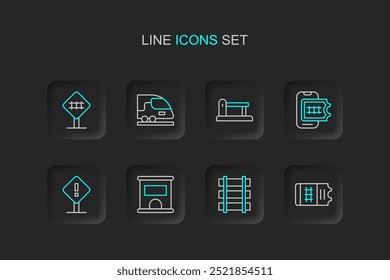 Set line Boleto de tren, barrera de ferrocarril, oficina de boletos para comprar boletos, signo de exclamación cuadrado, reserva en línea, ferrocarril, ferrocarril pista, tren de alta velocidad y el icono de cruce de ferrocarril. Vector