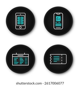 Set line Train ticket, station board, E-ticket train and Buy online icon. Vector
